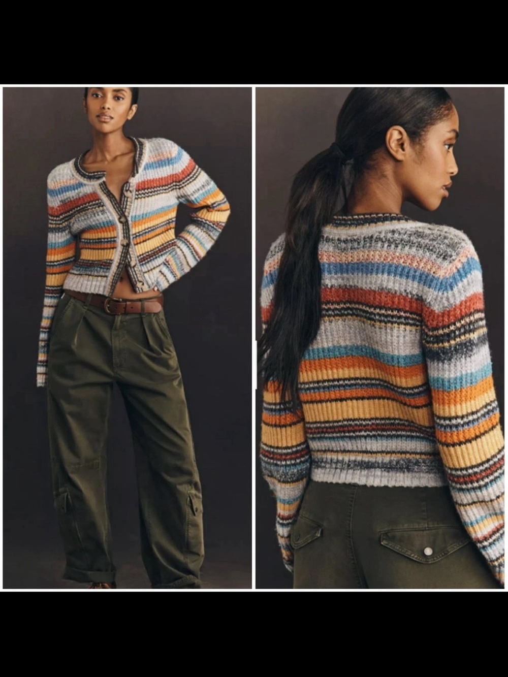 NWT Pilcro Anthropologie Ribbed Multi Stripe Cardigan Sweater M Wool Blend